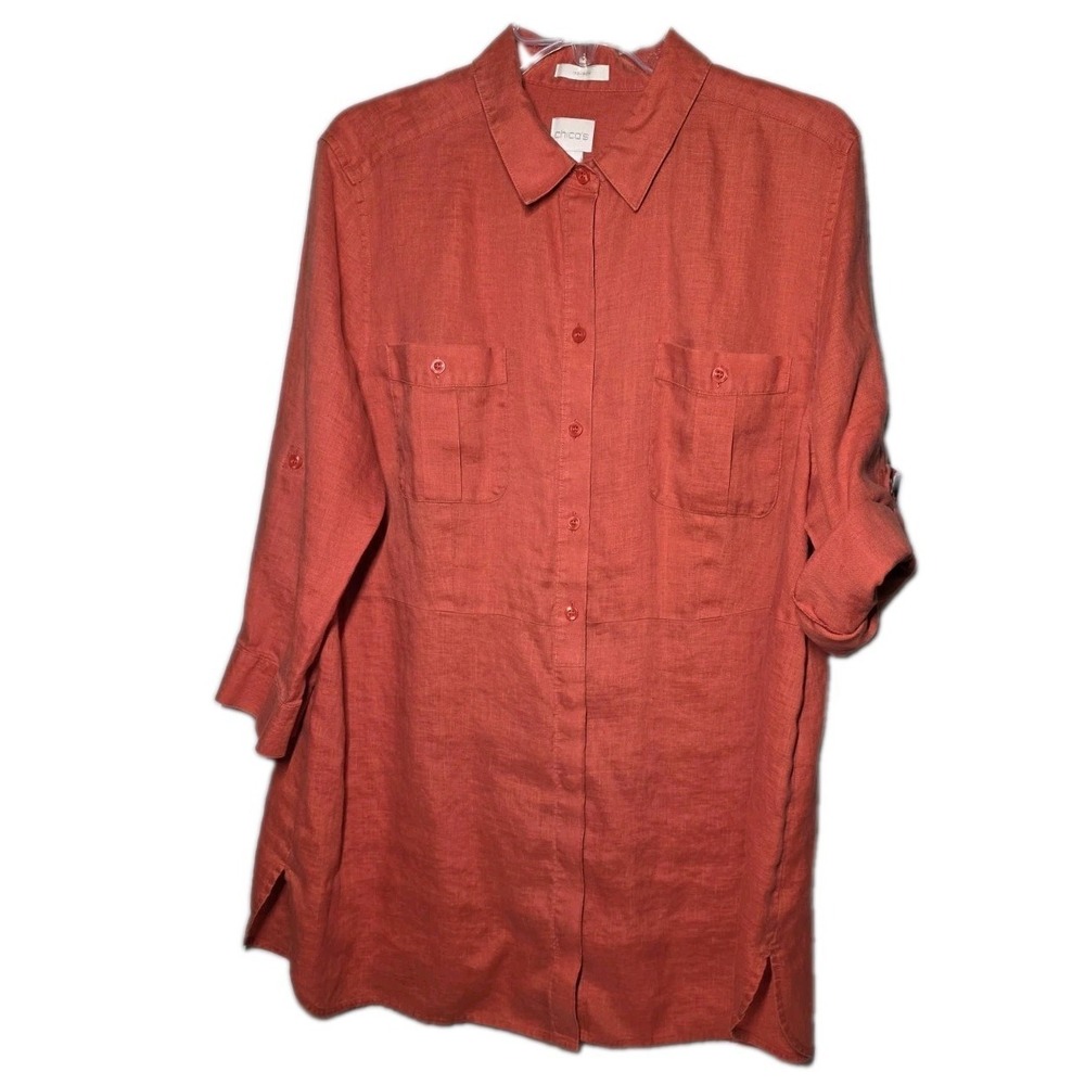 Chicos No Iron 100% Linen Button Down Shirt Nectarine 3/4 Sleeve Size 3xl 16-18